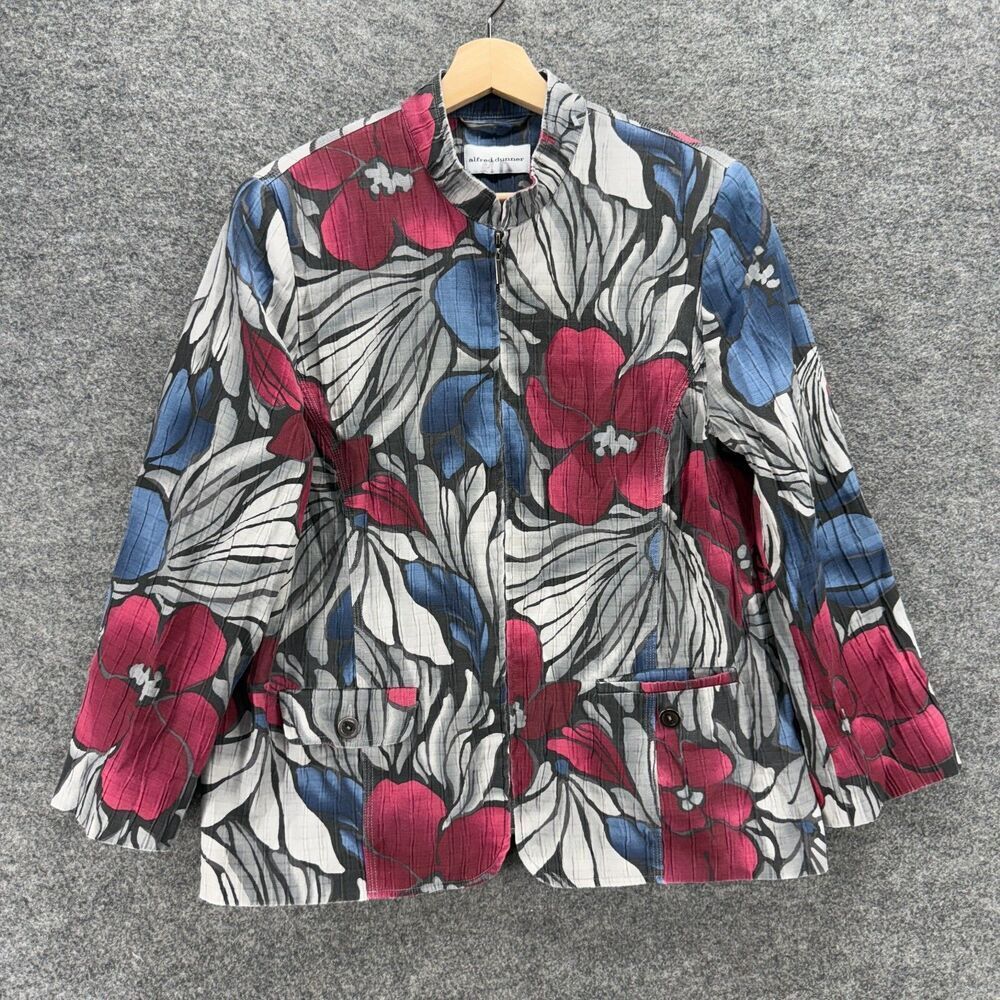 Alfred Dunner Jacket Women 14 Gray Floral Full Zip High Neck Cotton Lined Casual